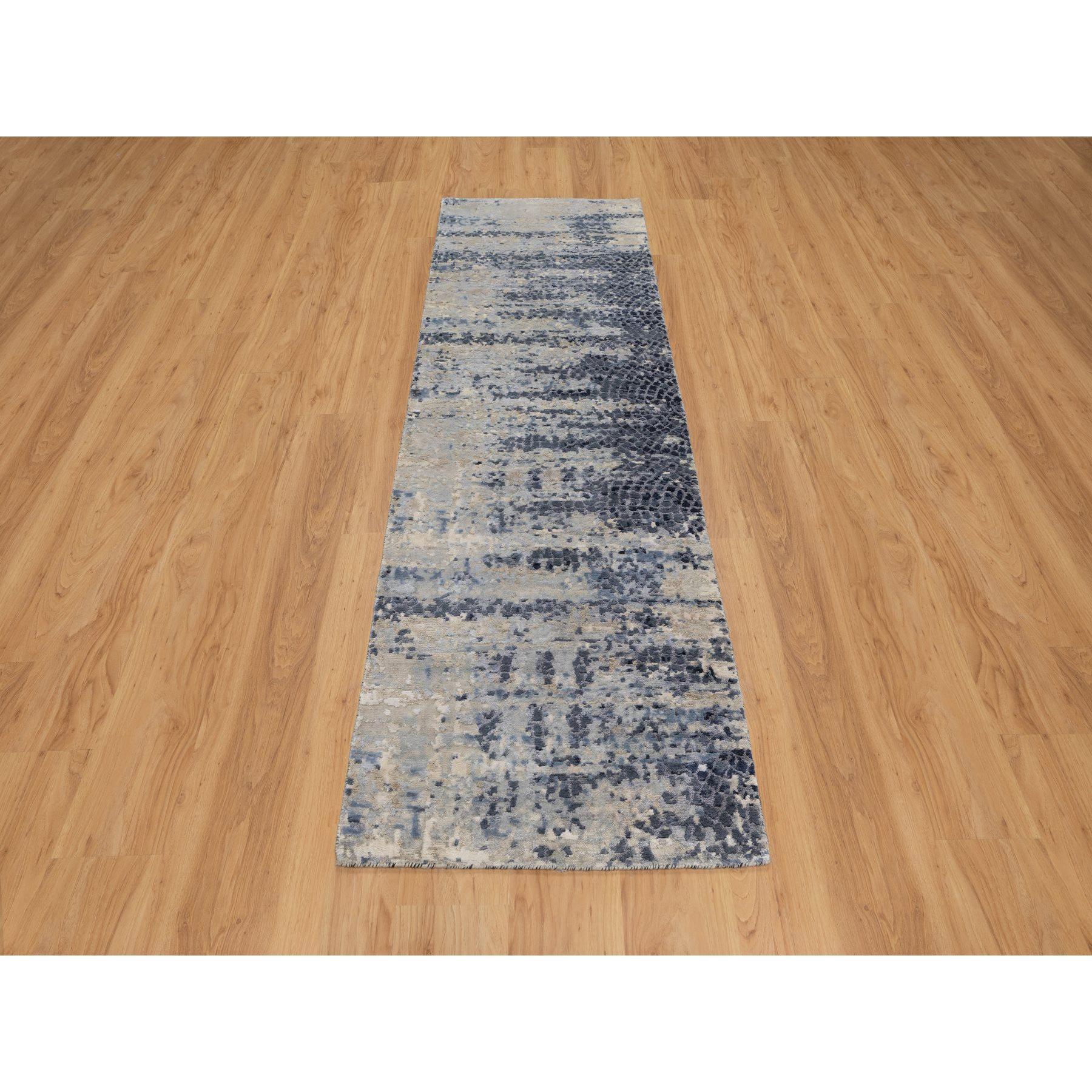 Charcoal Gray with Beige, Modern Abstract with Mosaic Design, Wool and Silk, Hand Knotted, Runner, Oriental Rug
Primary materials: Wool & Silk
Latex: No Pile 
height: 0.25 Inches
Style: Contemporary
Primary color: Grey
Secondary colors: Ballad Blue,