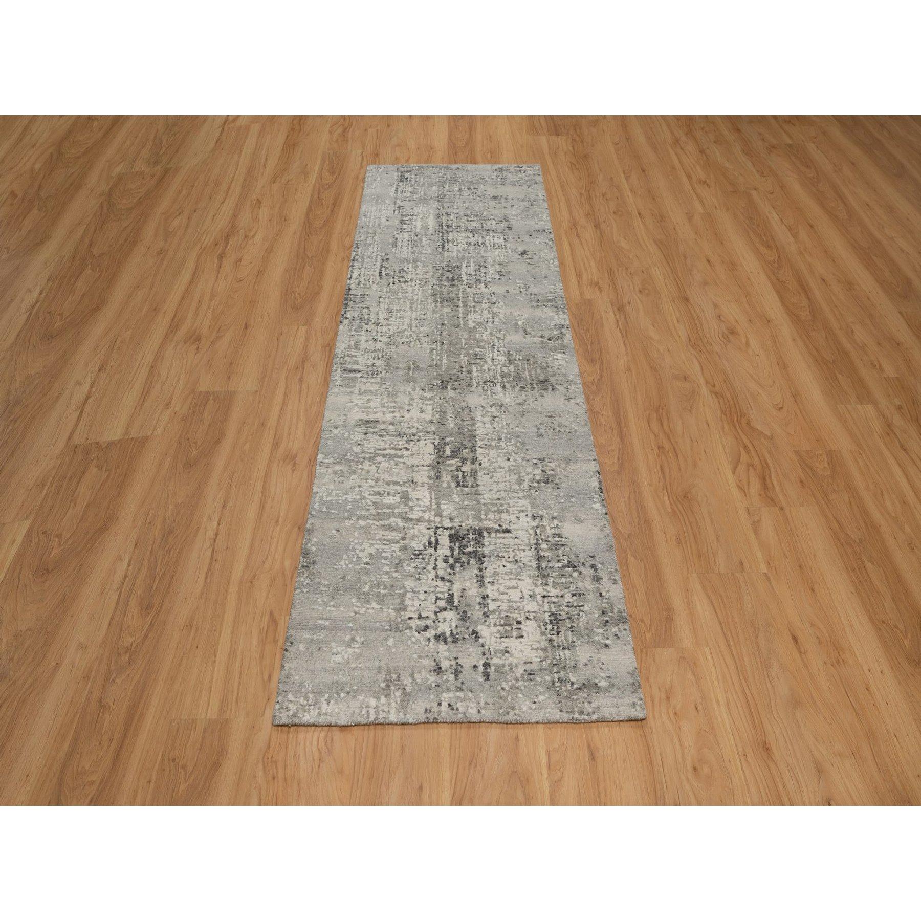 Spanish Gray, Modern Erased Design, Hand Knotted, Hand Spun Undyed Natural Wool, Runner, Oriental Rug
Primary materials: Wool
Latex: No Pile 
height: 0.25 Inches
Style: Contemporary
Primary color: Grey
Secondary colors: Silver, Ivory, Black
Pattern: