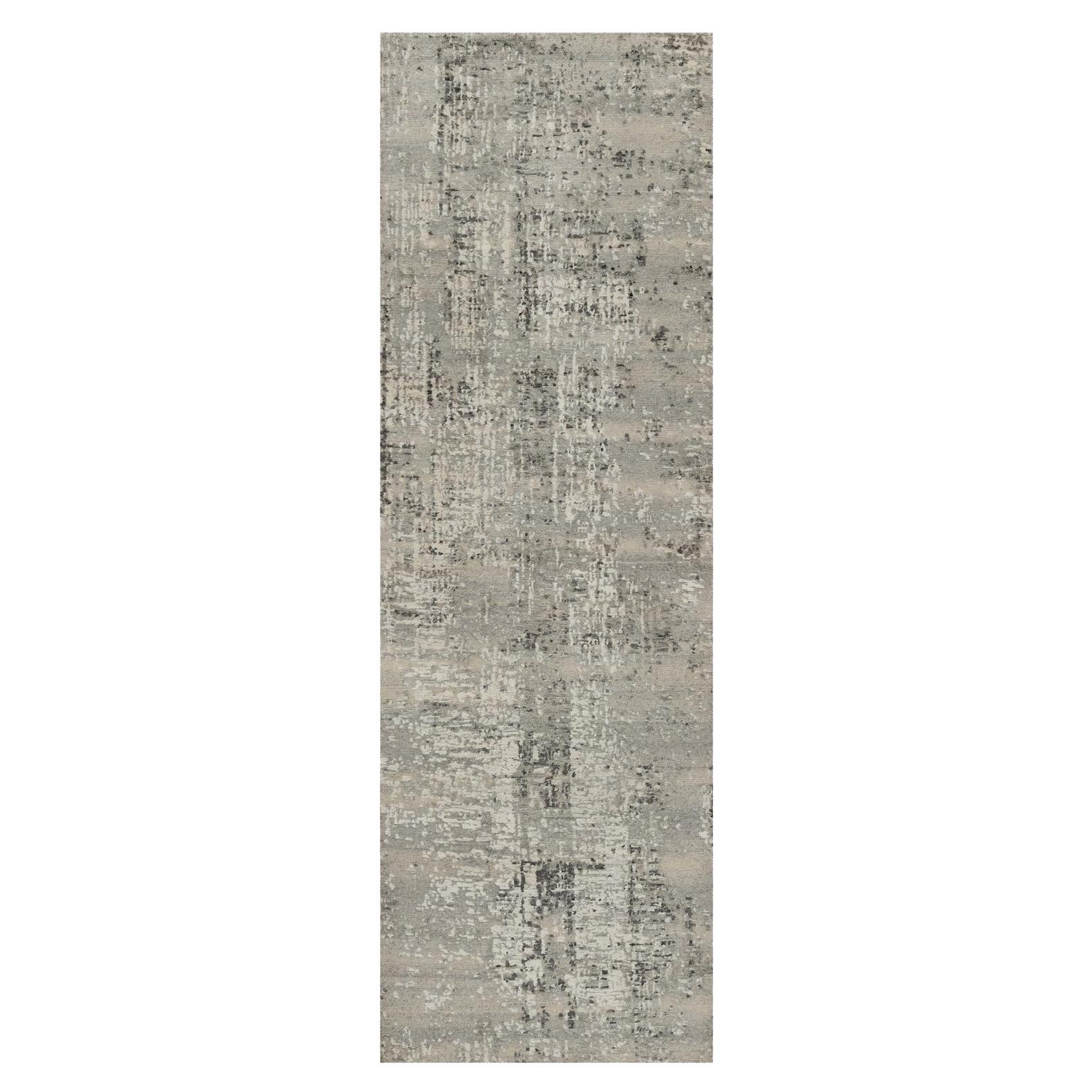 2'7"x8' Gray Modern Erased Design Hand Knotted Undyed Natural Wool Runner Rug