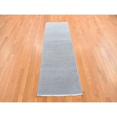 2'7"x8' Gray, Modern Grass Design, Wool and Silk, Hand Knotted, Runner Rug