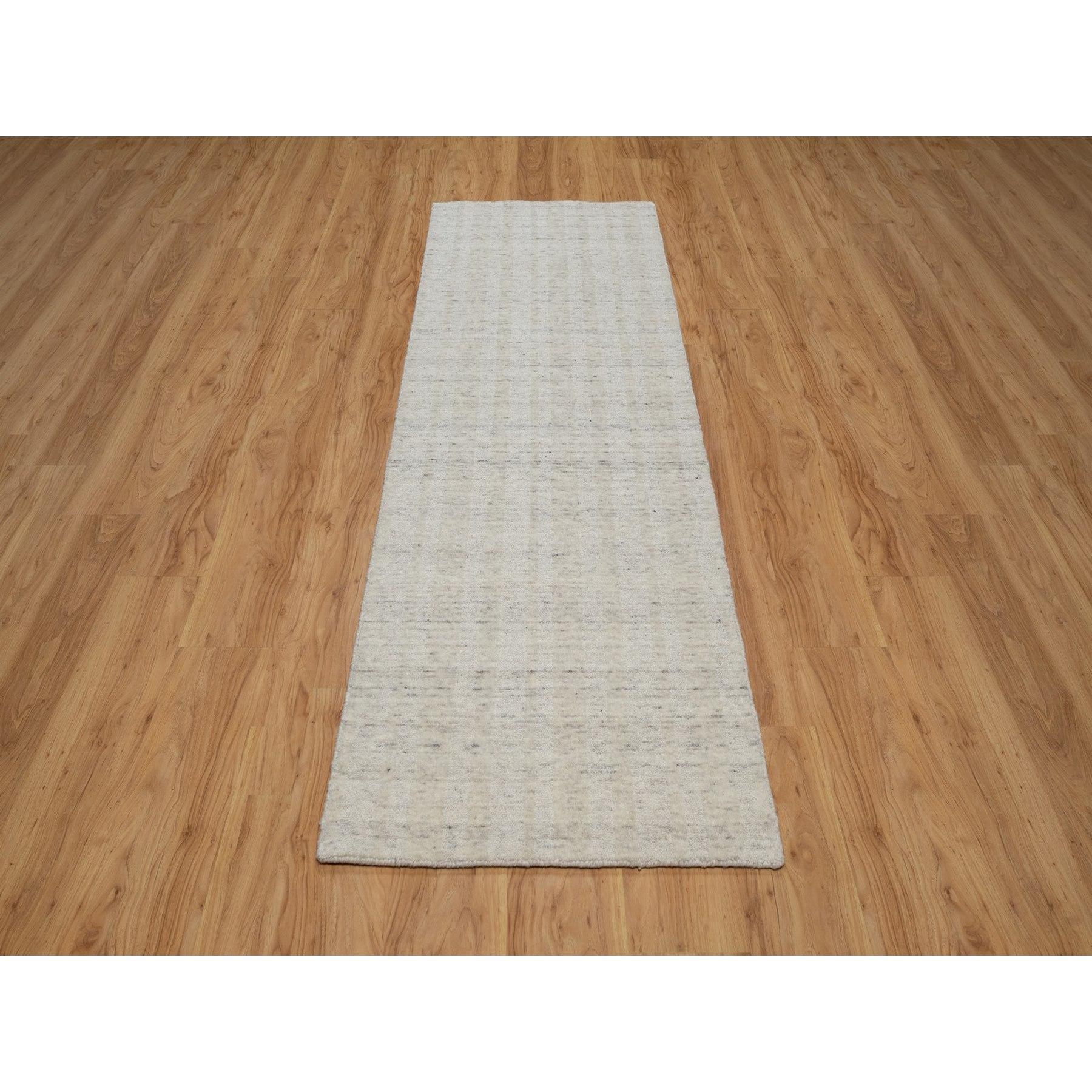Whisper White, Hand Loomed, Undyed Natural Wool, Vertical Stripes Design with Salt and Pepper Effect, Runner, Oriental Rug
Primary materials: Wool
Latex: No Pile 
height: 0.25 Inches
Style: Contemporary
Primary color: Ivory
Secondary colors: