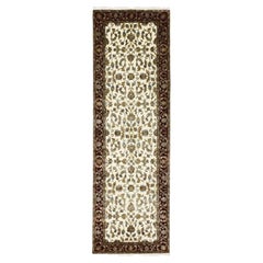 Tappeto Runner 2'7 "x8' Avorio in lana e seta annodato a mano con design Rajasthan