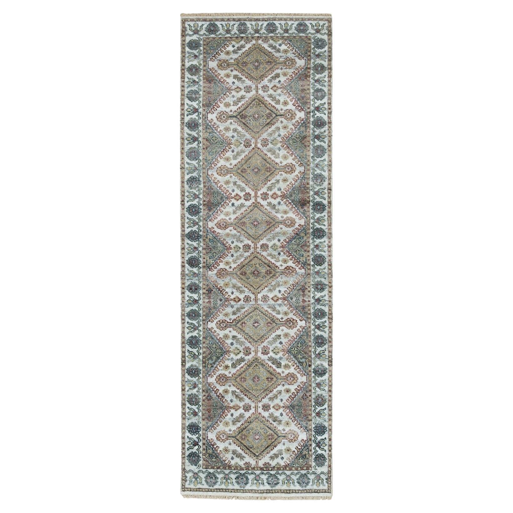 2
7 "x8
 Tapis de course Lexicon White Hand Knots Unique Flower Rosettes Border (noué à la main)