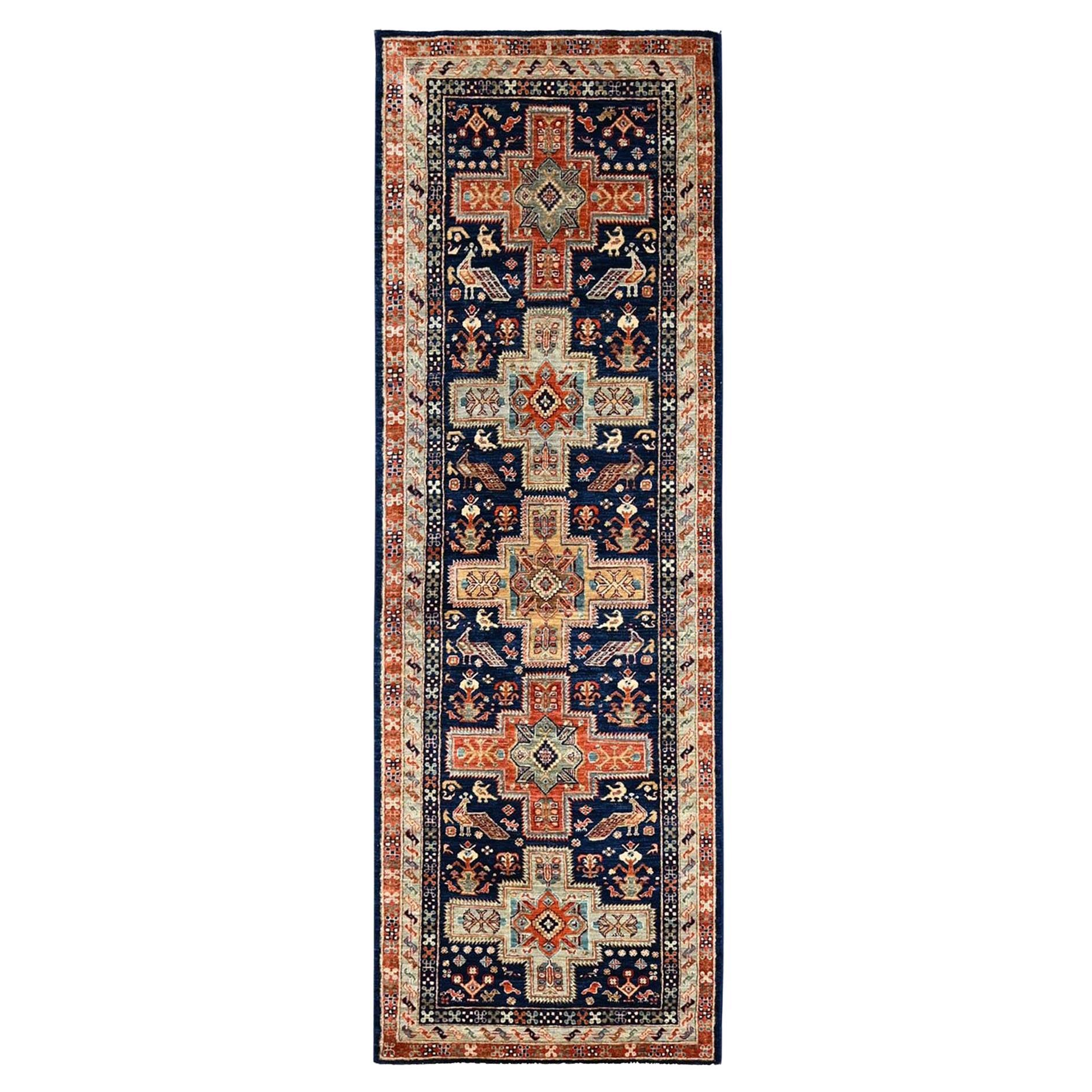 2'7"x8' Navy Armenian Inspired Caucasian Design Hand Knotted Wool Runner Rug