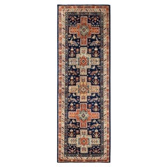 2'7"x8' Navy Armenian Inspired Caucasian Design Hand Knotted Wool Runner Rug