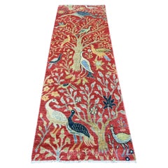 2'7"x8' Red Hand Knotted Peshawar Birds of Paradise Design Wool Runner Rug