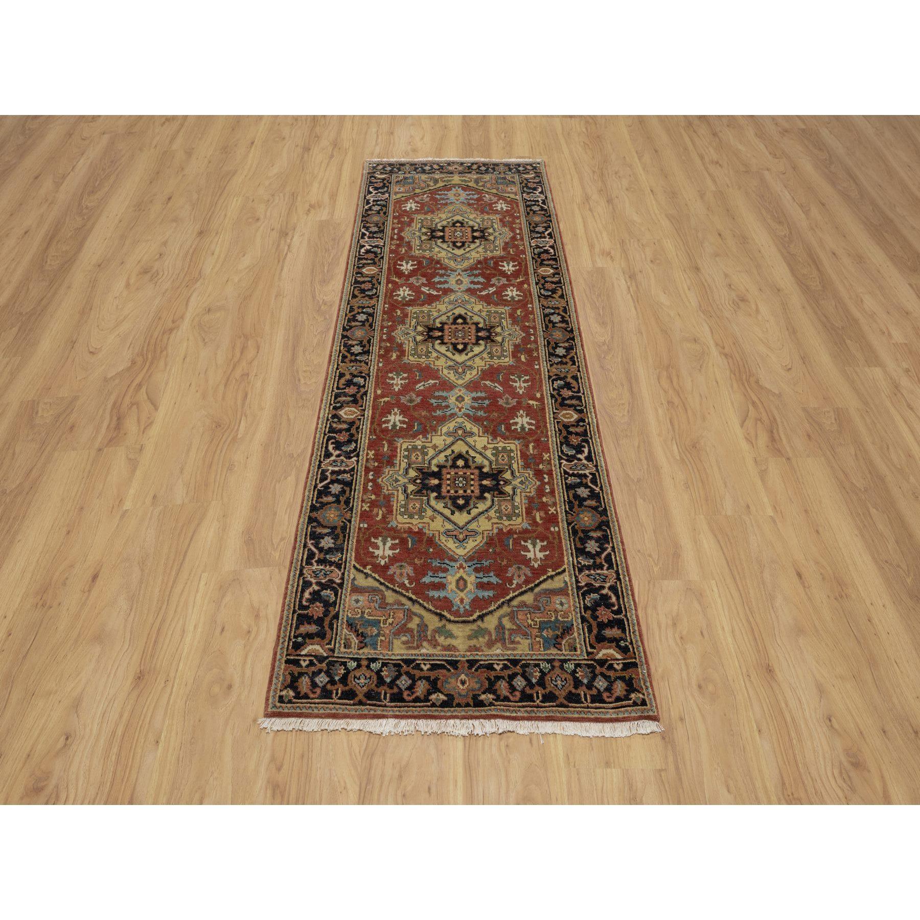 Scarlet Red, Heriz Revival with Medallion Design, Densely Woven, Hand Spun New Zealand Wool, Hand Knotted, Runner, Oriental Rug
Primary materials: Wool
Latex: No Pile 
height: 0.25 Inches
Style: Traditional
Primary color: Red
Secondary colors: