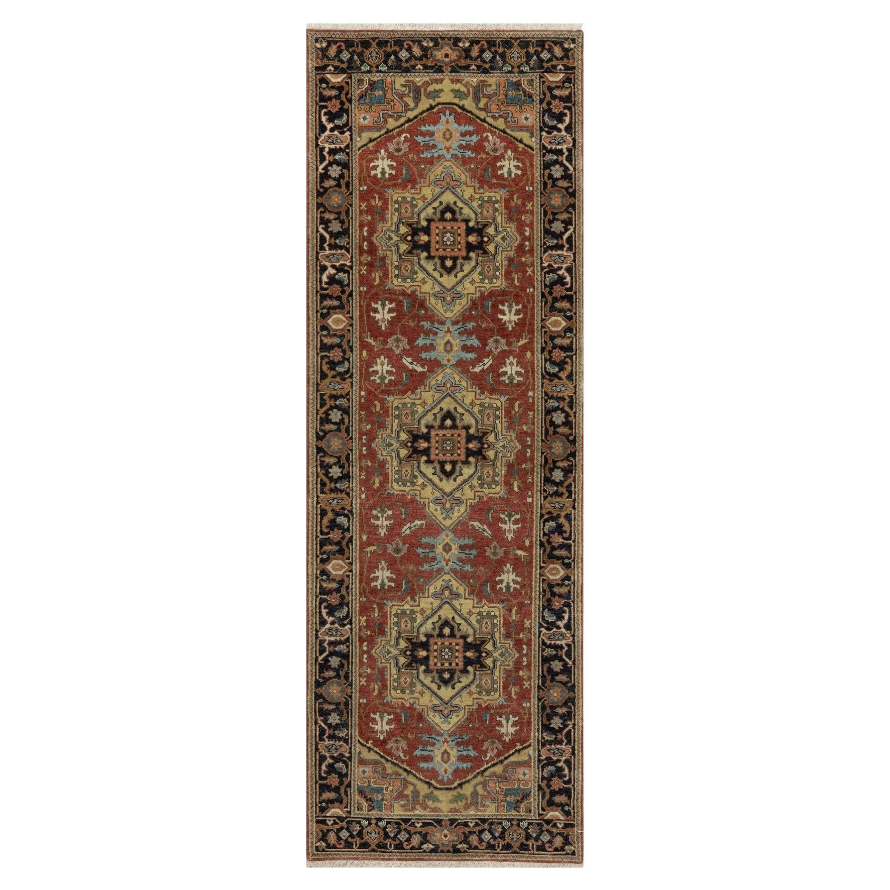 2'7"x8' Red Heriz Revival Medallion Design Hand Knotted Pure Wool Runner Rug