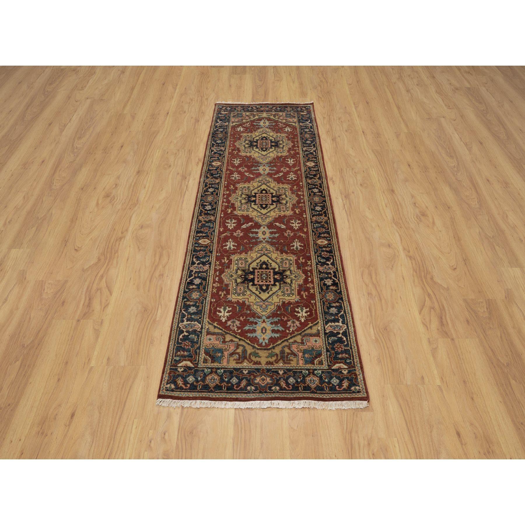 Ruby Red, Denser Weave, Heriz Revival with Medallion Design, Hand Spun New Zealand Wool, Hand Knotted, Runner, Oriental Rug
Primary materials: Wool
Latex: No Pile 
height: 0.25 Inches
Style: Traditional
Primary color: Red
Secondary colors: Green,