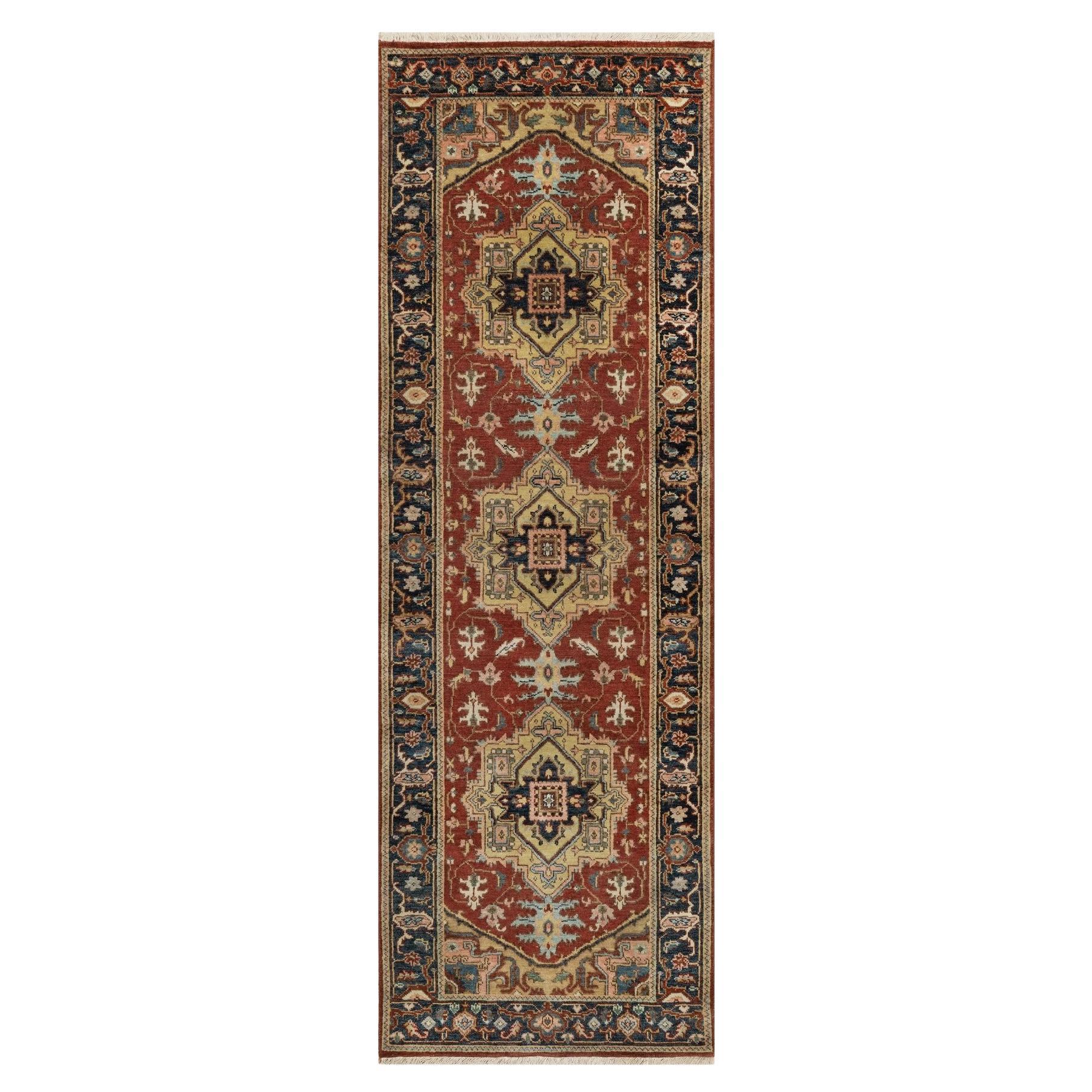 2'7"x8' Ruby Red Heriz Revival Medallion Design Hand Knotted Wool Runner Rug For Sale