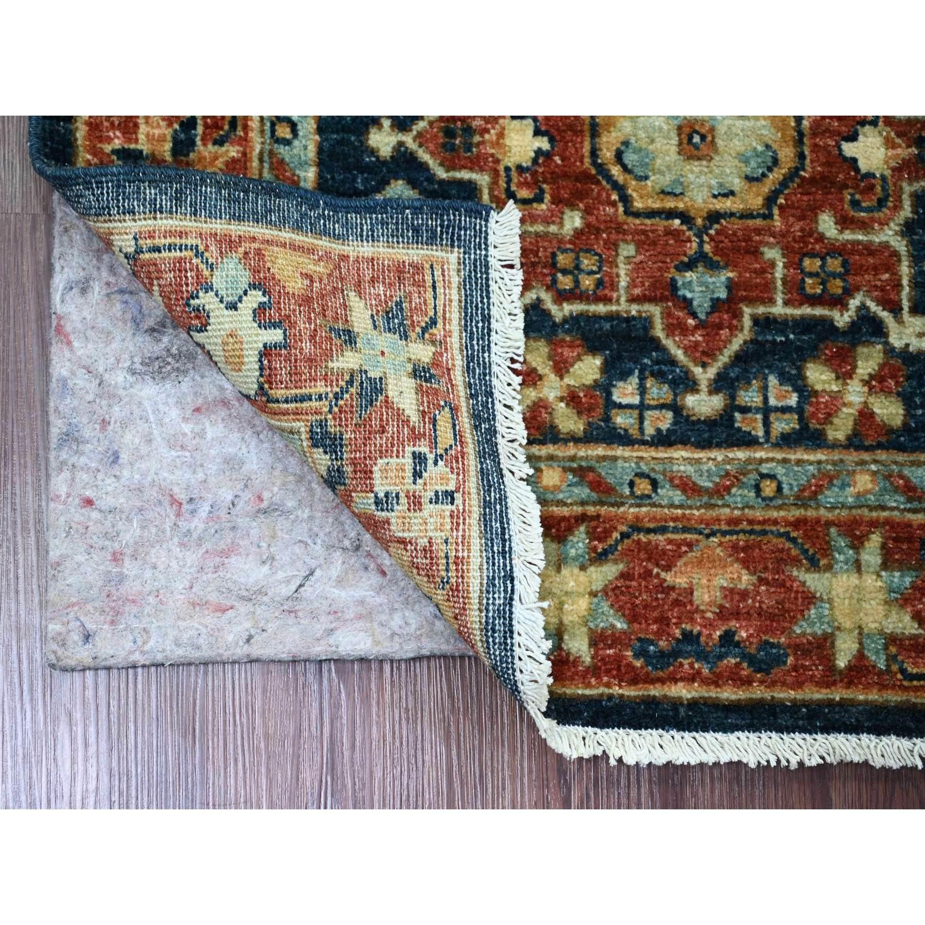 Yale Blue, Aryana Grade, Peshawar with Karajeh Design, Vegetable Dyes, High Mountain Wool, Hand Knotted, Runner, Oriental Rug
Primary materials: Wool
Latex: No Pile 
height: 0.25 Inches
Style: Transitional
Primary color: Blue
Secondary colors: Light