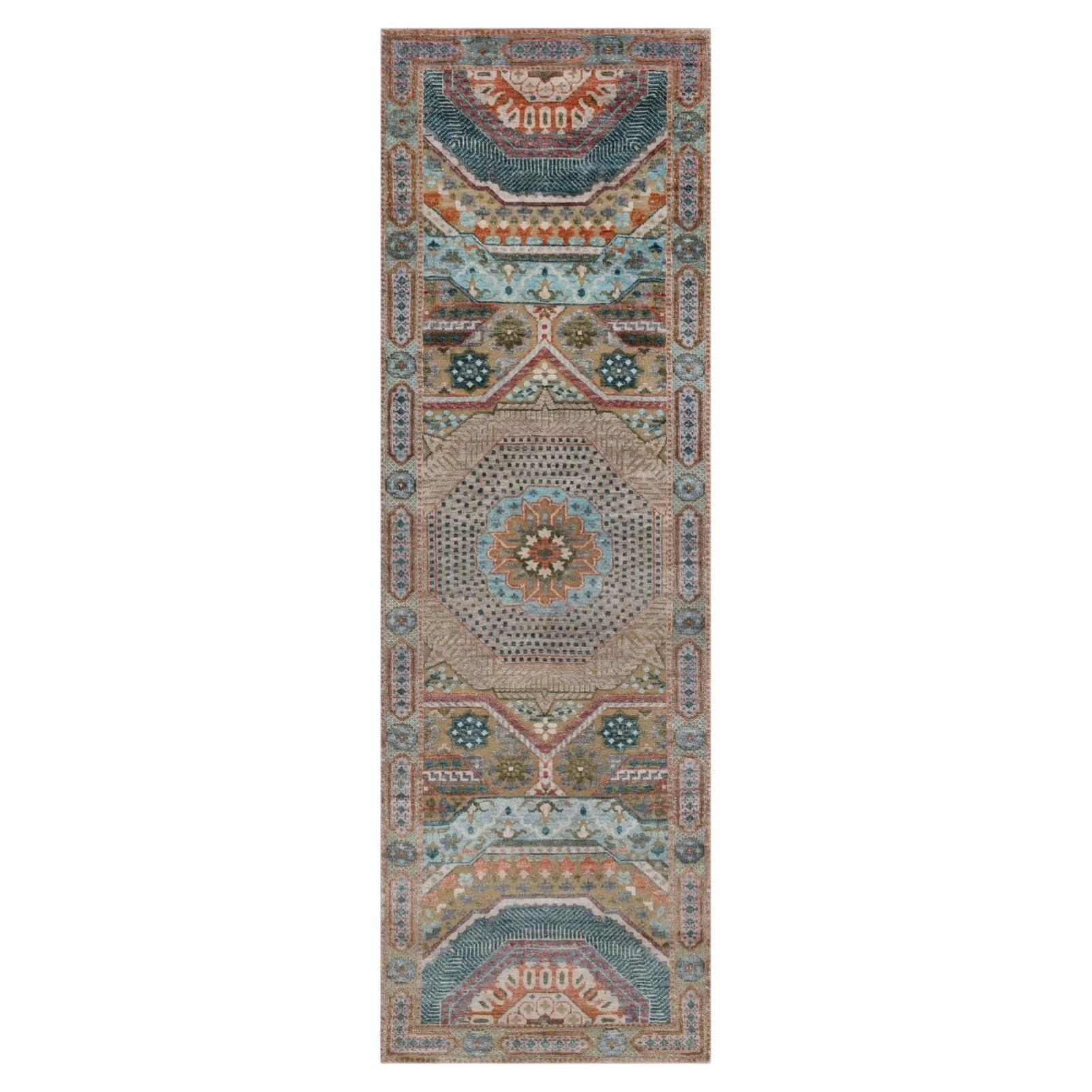 2'7"x8'1" Brown Mamluk Design Wool and Silk Hand Knotted Runner Oriental Rug For Sale