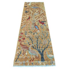 2'7 "x8'1" Marrón Peshawar Diseño Aves del Paraíso Alfombra de Lana Anudada a Mano