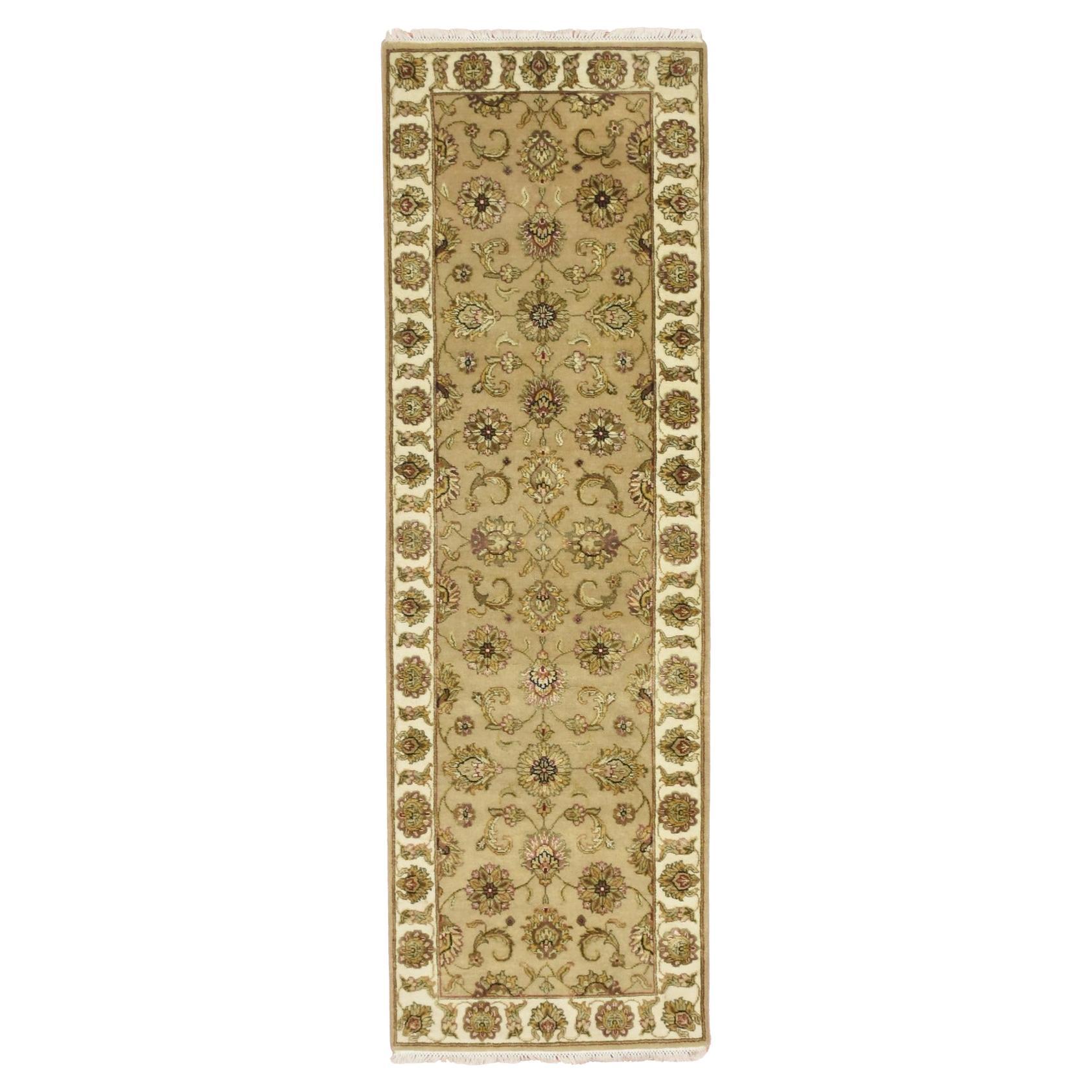 2'7"x8'1" Brown Rajasthan with Leaf Design Hand Knotted Wool and Silk Runner Rug