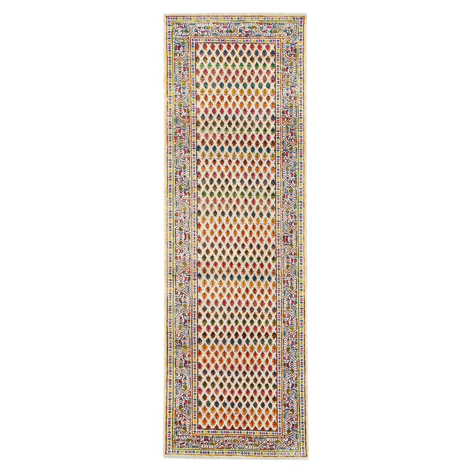 2'7 "x8'1" Tapis de course noué à la main en laine et soie de sari Sarouk inspiré du Mir
