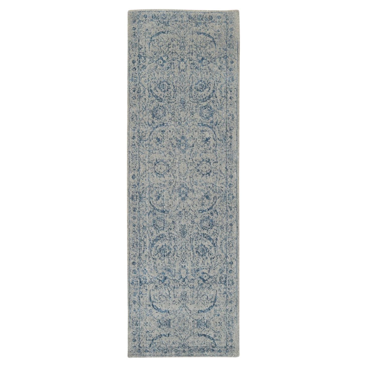 Tappeto Runner grigio in lana jacquard fine e seta vegetale, lavorato a mano