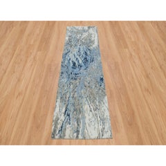 2'7"x8'1" Gray and Blue, Abstract Design, Wool and Silk Hand Knotted Runner Rug