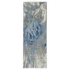 2'7 "x8'1" grigio e blu, disegno astratto, tappeto runner in lana e seta annodato a mano