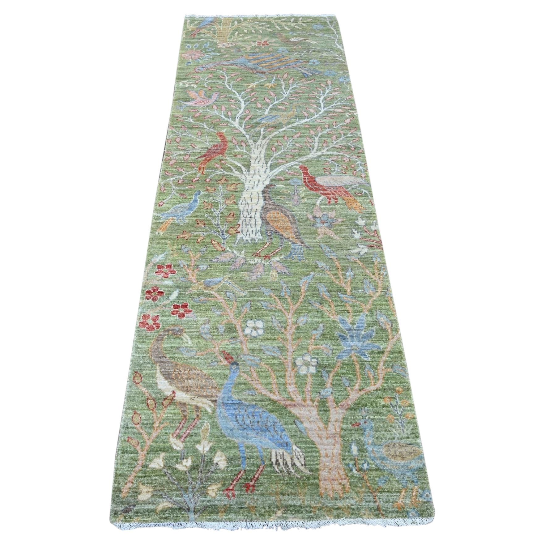 2'7"x8'1" Green Hand Knotted Peshawar Birds of Paradise Design Wool Runner Rug