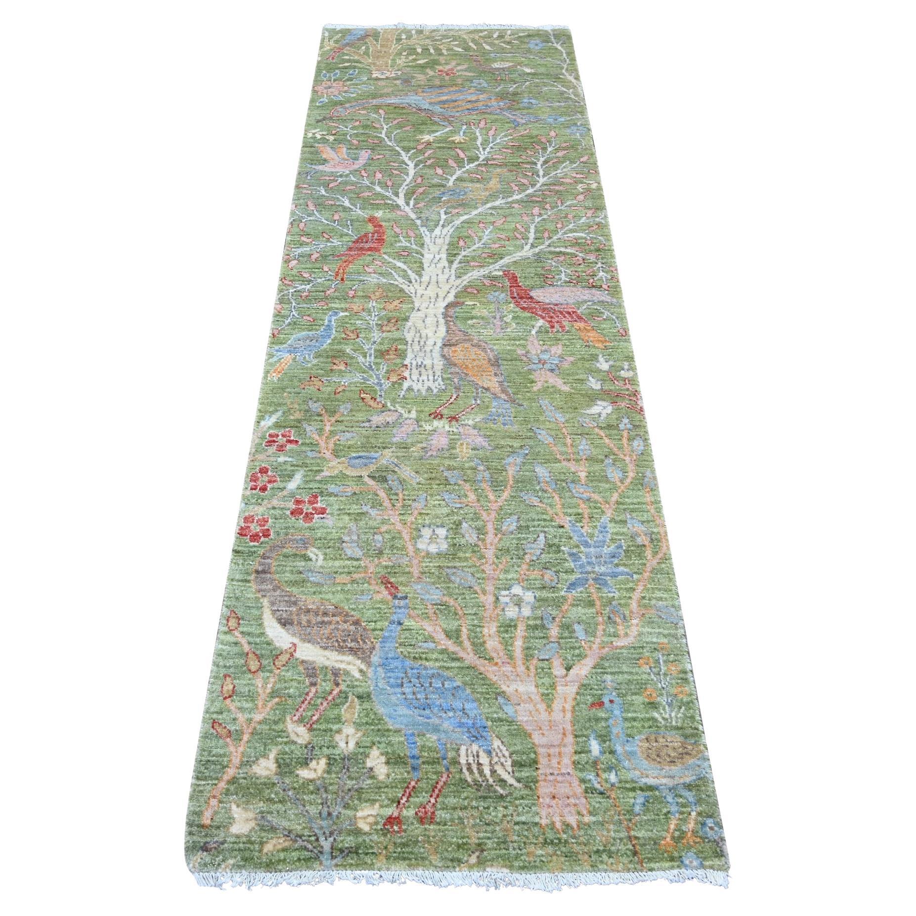 2
7"x8
1" Green Hand Knotted Peshawar with Birds of Paradise All Wool Runner Rug