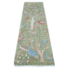 2
7"x8
1" Green Hand Knotted Peshawar with Birds of Paradise All Wool Runner Rug