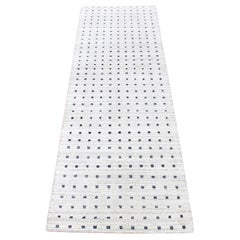 2'7"x8'1" Ivory Pure Silk with Wool Hand Knotted Squares Design Runner Rug