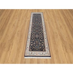 2'7"x8'1" Midnight Blue Nain with Flower Design Wool and Silk Hand Knotted Rug