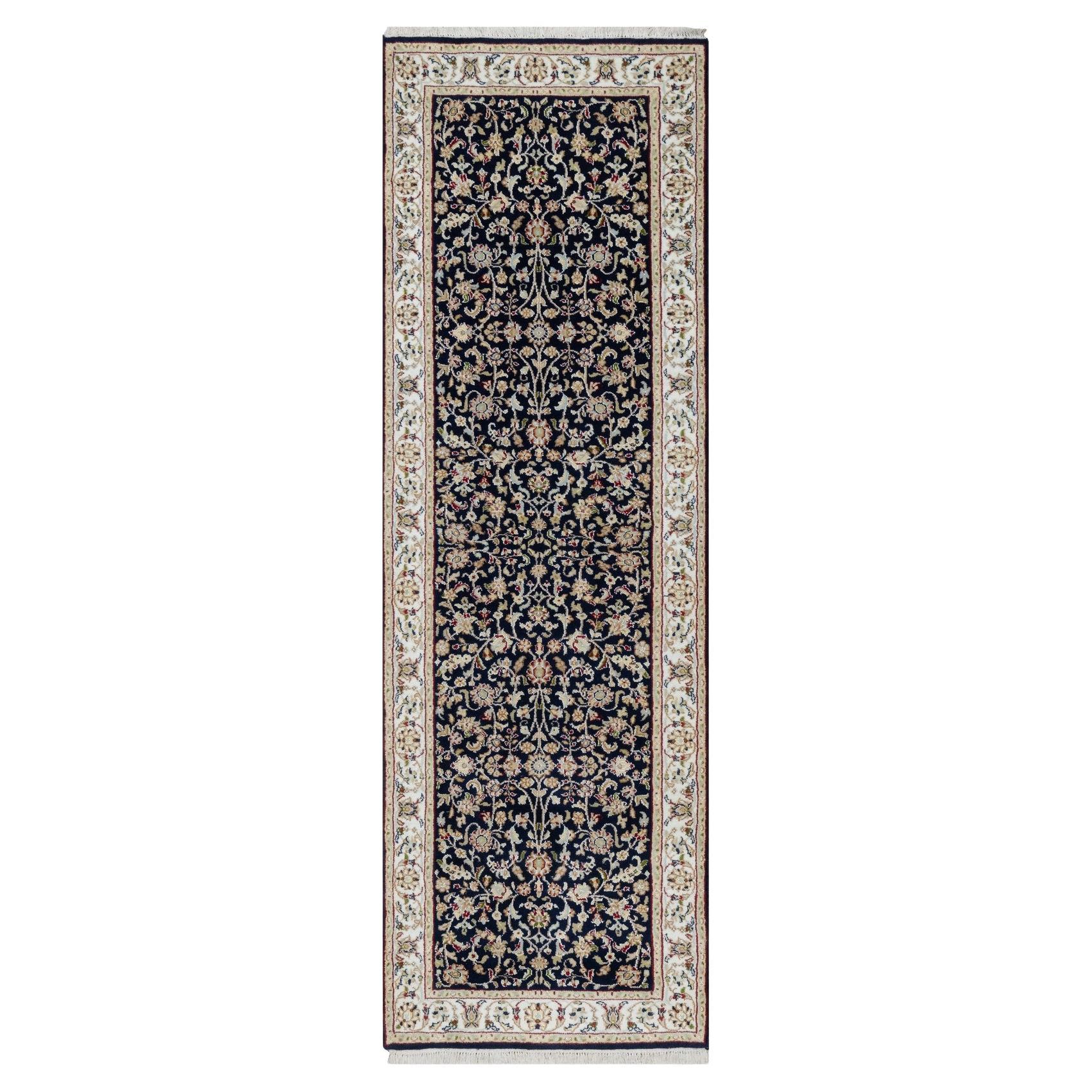 2
7"x8
1" Midnight Blue Nain with Flower Design Wool and Silk Hand Knotted Rug