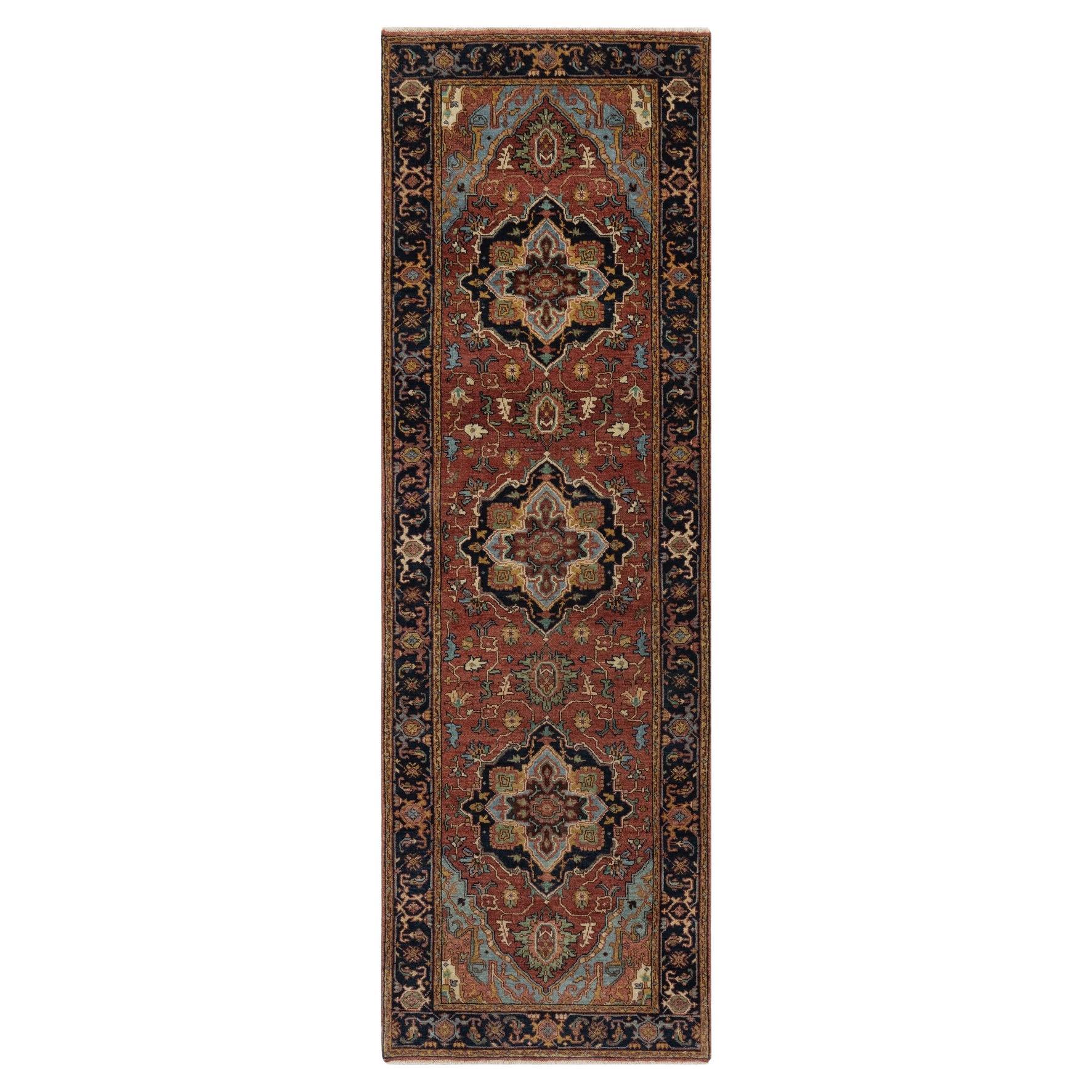 2'7"x8'1" Red Antiqued Fine Heriz Re-Creation Hand Knotted Pure Wool Runner Rug