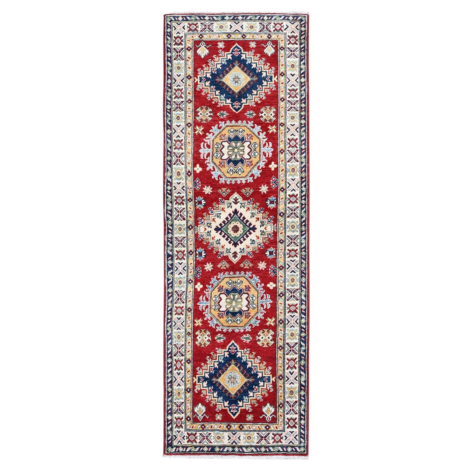 2'7"x8'1" Red Kazak with Tribal Medallions Design Hand Knotted Wool Runner Rug