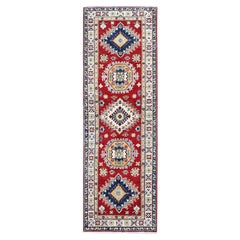 2'7"x8'1" Red Kazak with Tribal Medallions Design Hand Knotted Wool Runner Rug