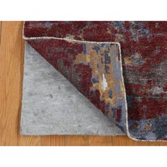 2'7"x8'1" Red, Wool and Silk, Abstract Design Hand Knotted Runner Rug