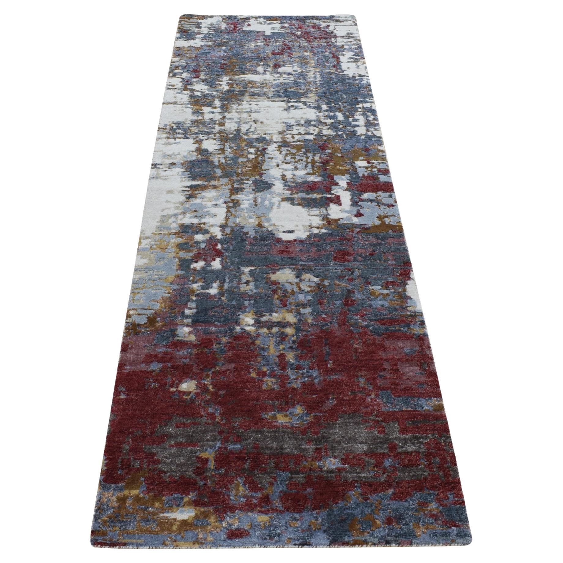 2
7"x8
1" Red, Wool and Silk, Abstract Design Hand Knotted Runner Rug