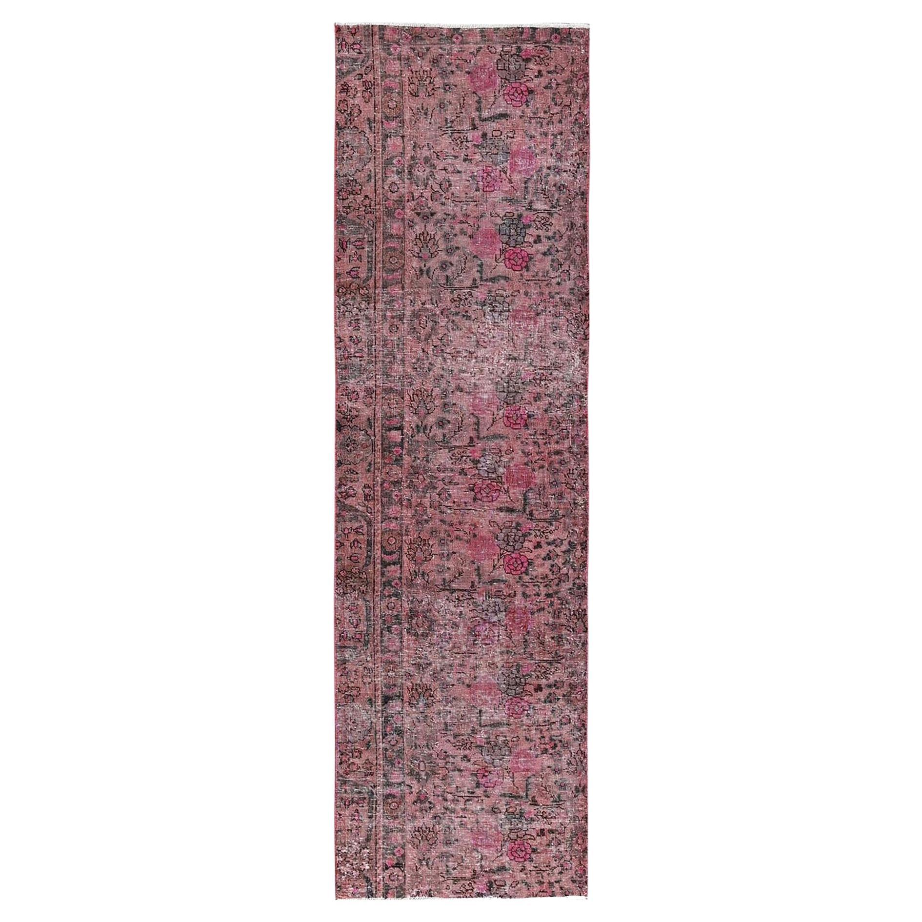 2'7"x8'10" Pink Overdyed Vintage Persian Tabriz Hand Knotted All Wool Runner Rug