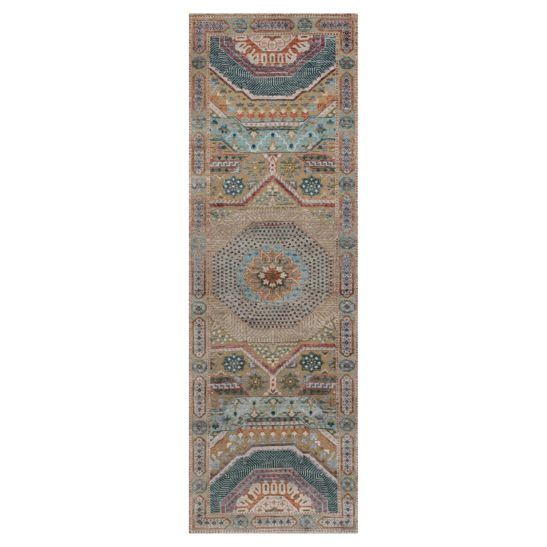 2
7"x8
2" Brown Hand Knotted Mamluk Design Textured Wool 
Silk Runner Rug im Angebot