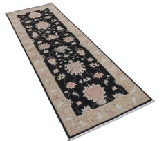 2.7x8.2 ft Floral Hallway Runner. Black Kitchen Rug. Handknotted Corridor Rug