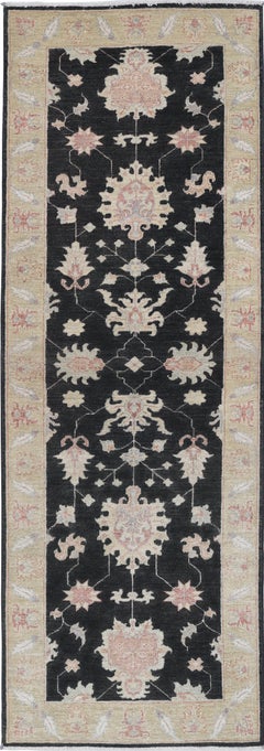 2.7x8.2 ft Floral Hallway Runner. Black Kitchen Rug. Handknotted Corridor Rug