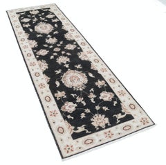2.7x8.2 ft Hand Knotted Black, Beige Runner Rug. Floral Corridor Rug for Hallway
