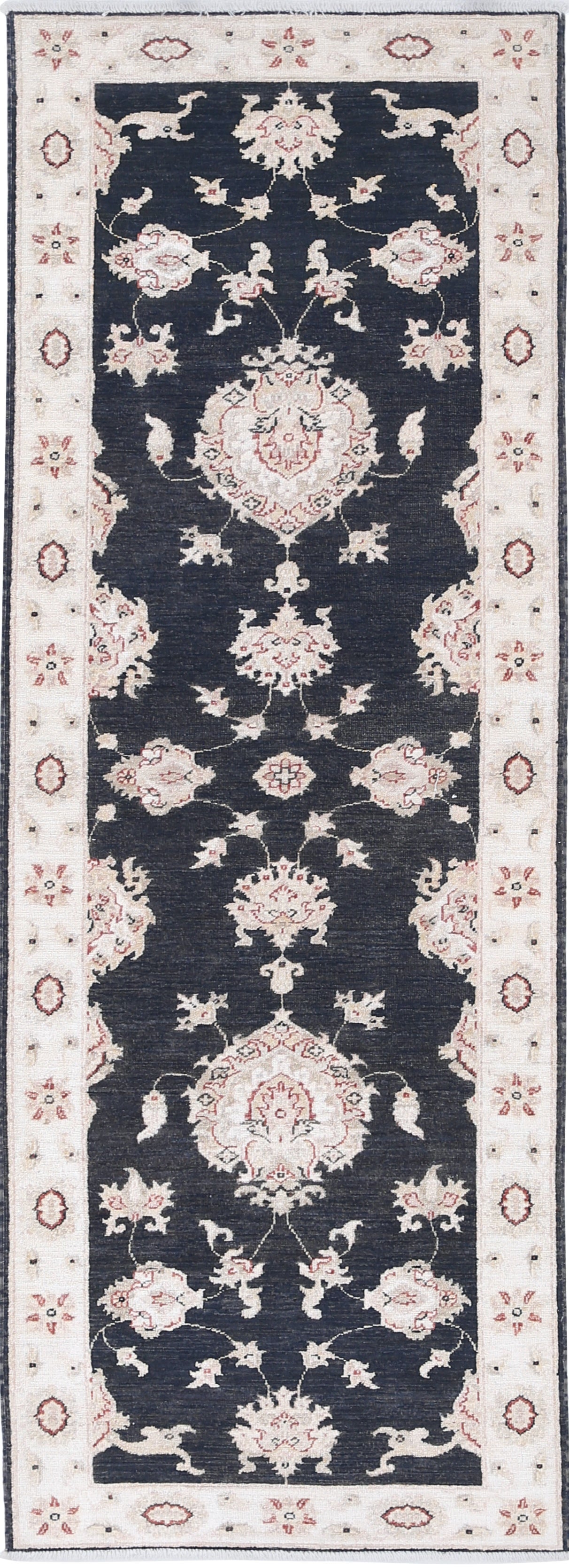 2.7x8.2 ft Hand Knotted Black, Beige Runner Rug. Floral Corridor Rug for Hallway
