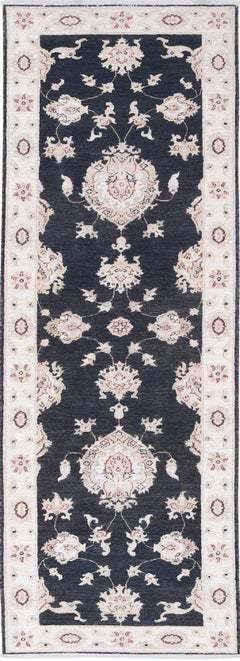 2.7x8.2 ft Hand Knotted Black, Beige Runner Rug. Floral Corridor Rug for Hallway