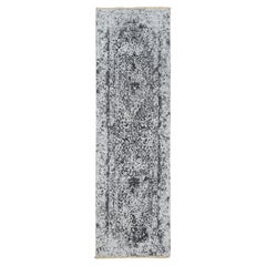 2'7 "x8'2" Gris Diseño Persa Roto Anudado a Mano Alfombra de Lana y Pura Seda para Correr