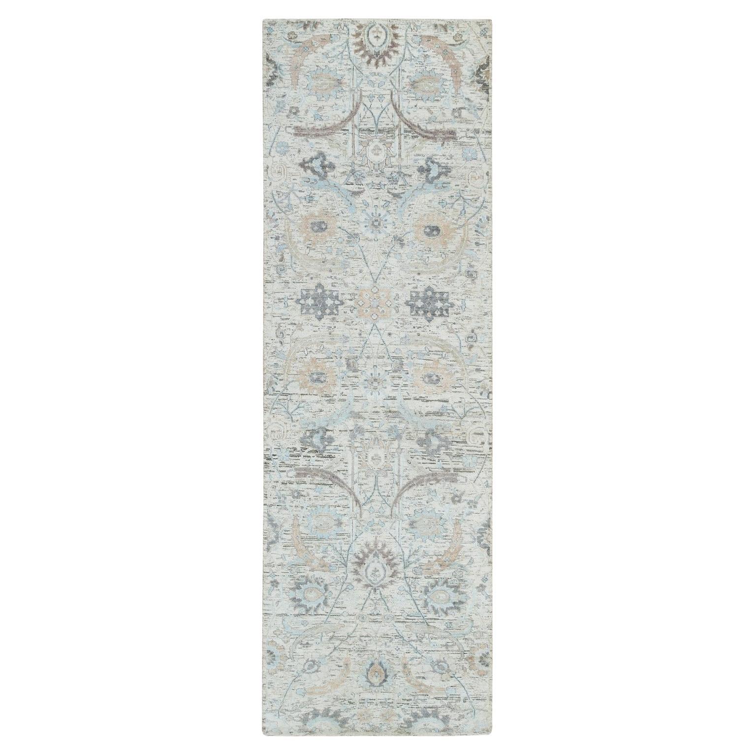 2'7 "x8'2" Marfil, Diseño de Hoja de Hoz Anudada a Mano, Alfombra Corredera de Seda con Lana