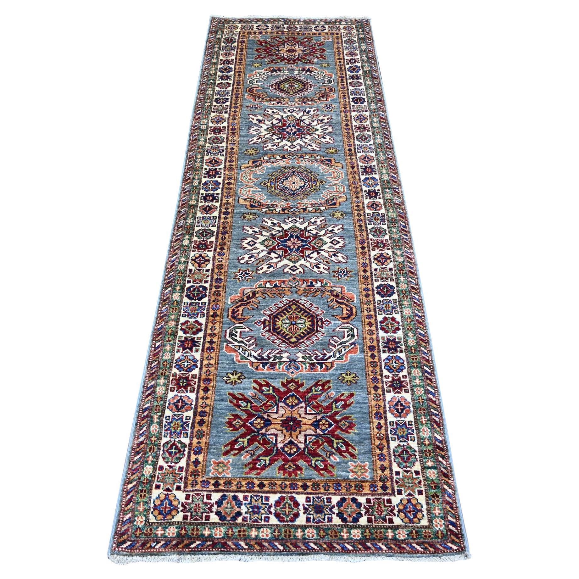 2'7"x8'2" Oxford Gray Afghan Super Kazak Wool Hand Knotted Runner Rug