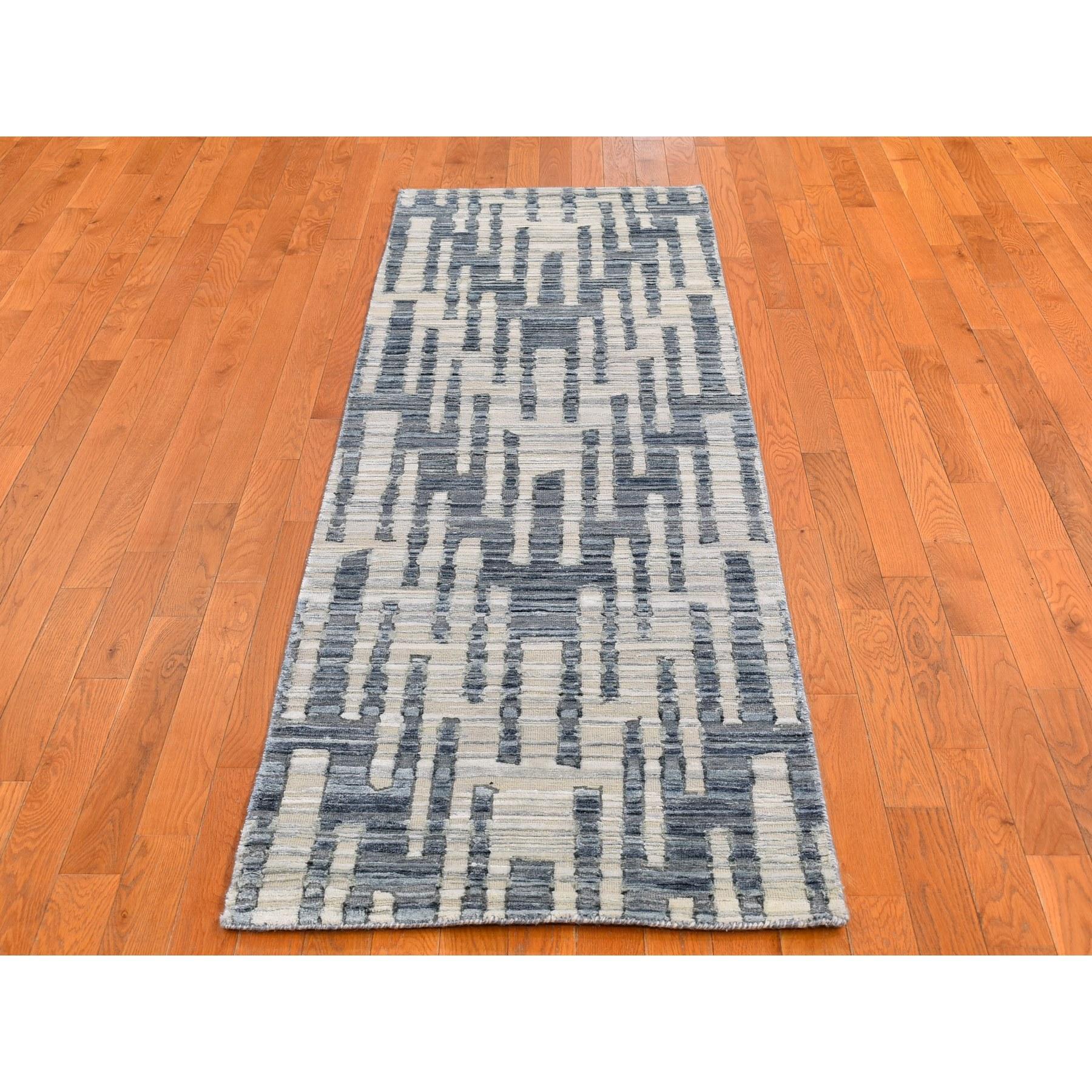 This is a truly genuine one-of-a-kind Blue Pure Silk and Textured Wool Zigzag with Graph Design Hand Knotted Runner Oriental Rug. It has been woven for months and months in the centuries-old Persian weaving craftsmanship techniques by expert