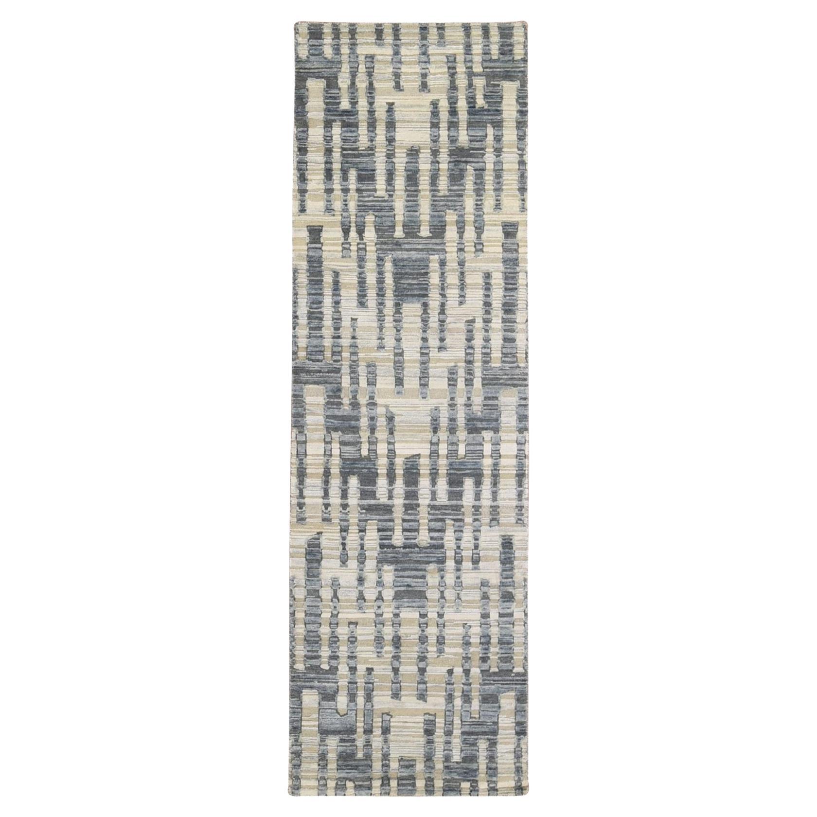 2'7"x8'2" Pure Silk and Textured Wool Zigzag with Graph Design Hand Knotted Rug For Sale
