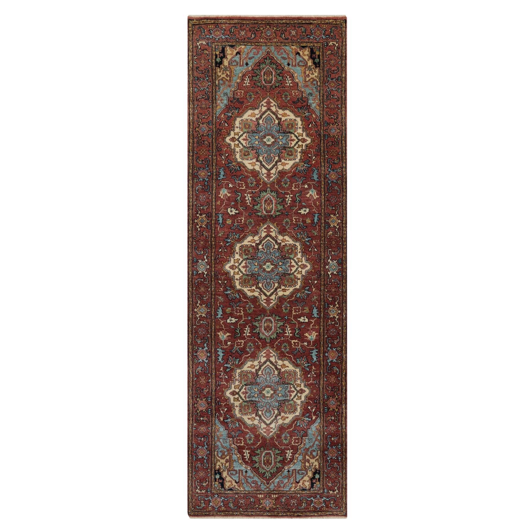 2'7"x8'2" Red Antiqued Fine Heriz Re-Creation Hand Knotted Soft Wool Runner Rug