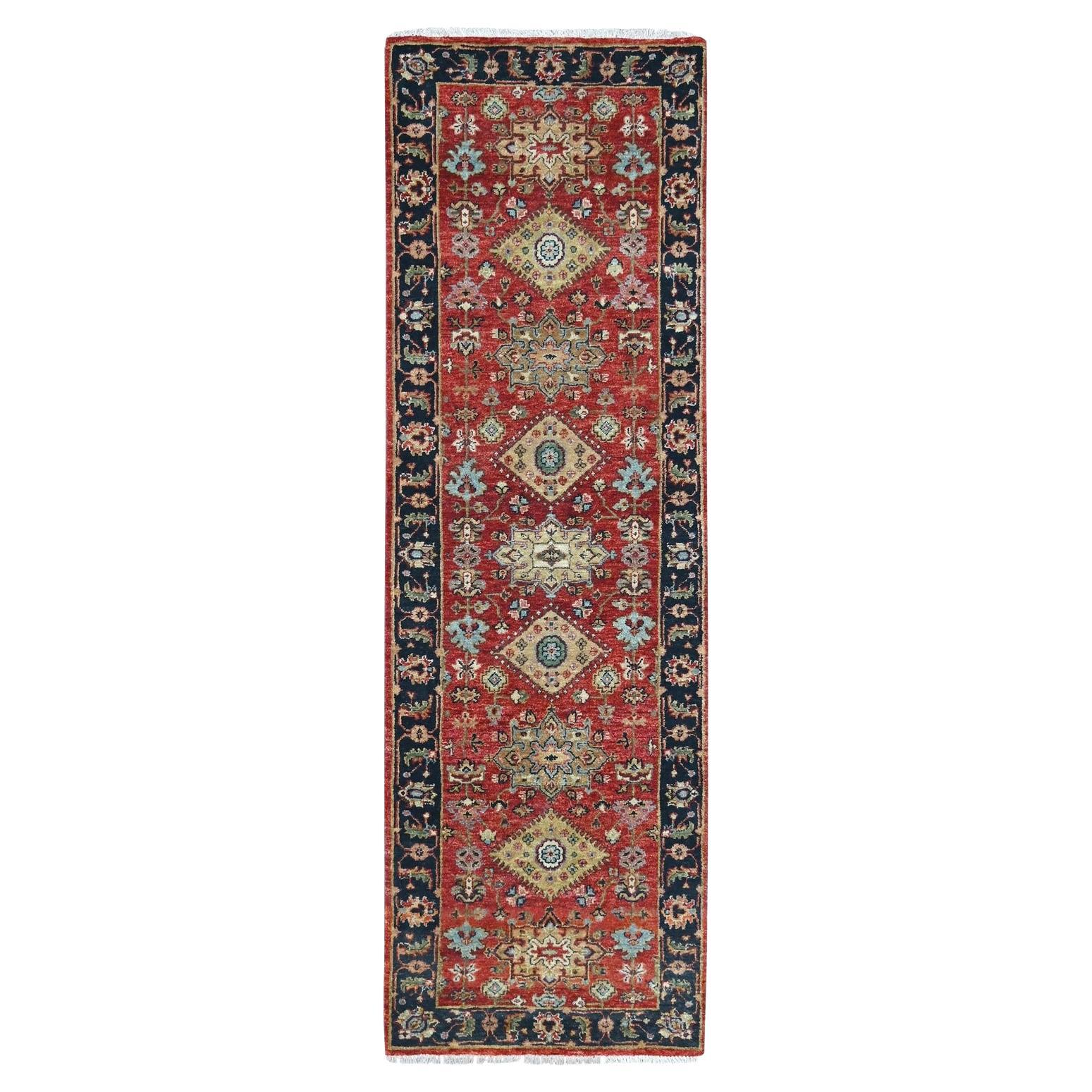 2
7"x8
2" Red Karajeh Design Geometric Medallions Hand Knotted Wool Runner Rug