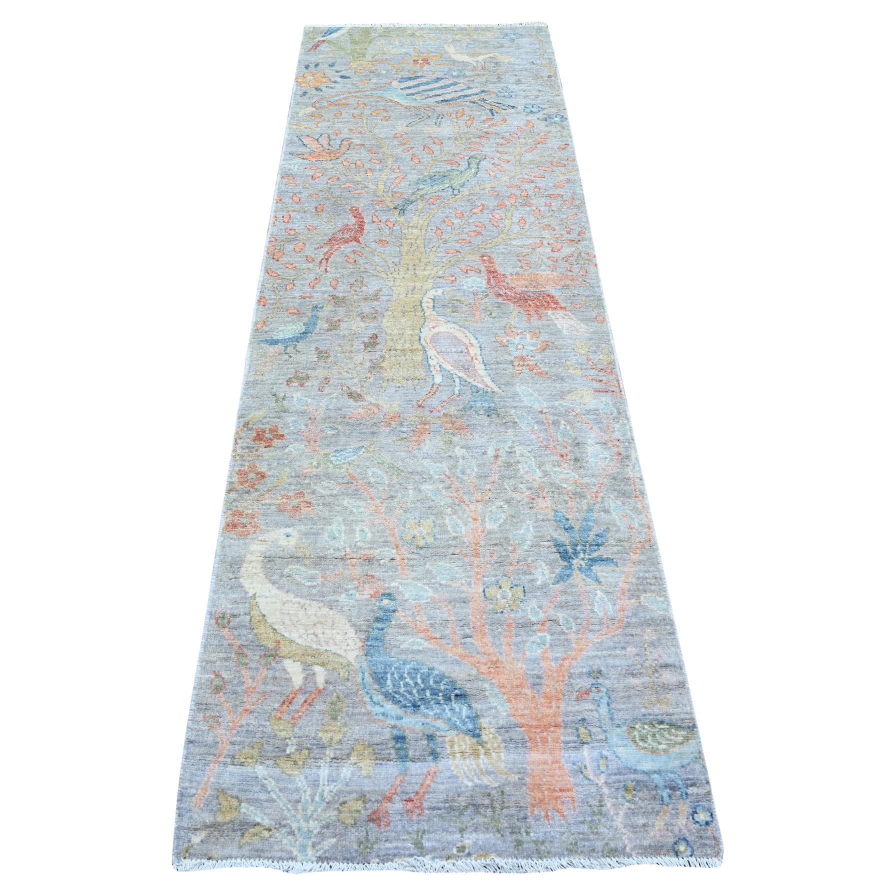 Tappeto rotondo Peshawar Afghano 2'7 "x8'3" Blu Grigio 100% Lana Annodato a Mano in vendita
