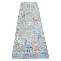 Tappeto rotondo Peshawar Afghano 2'7 "x8'3" Blu Grigio 100% Lana Annodato a Mano