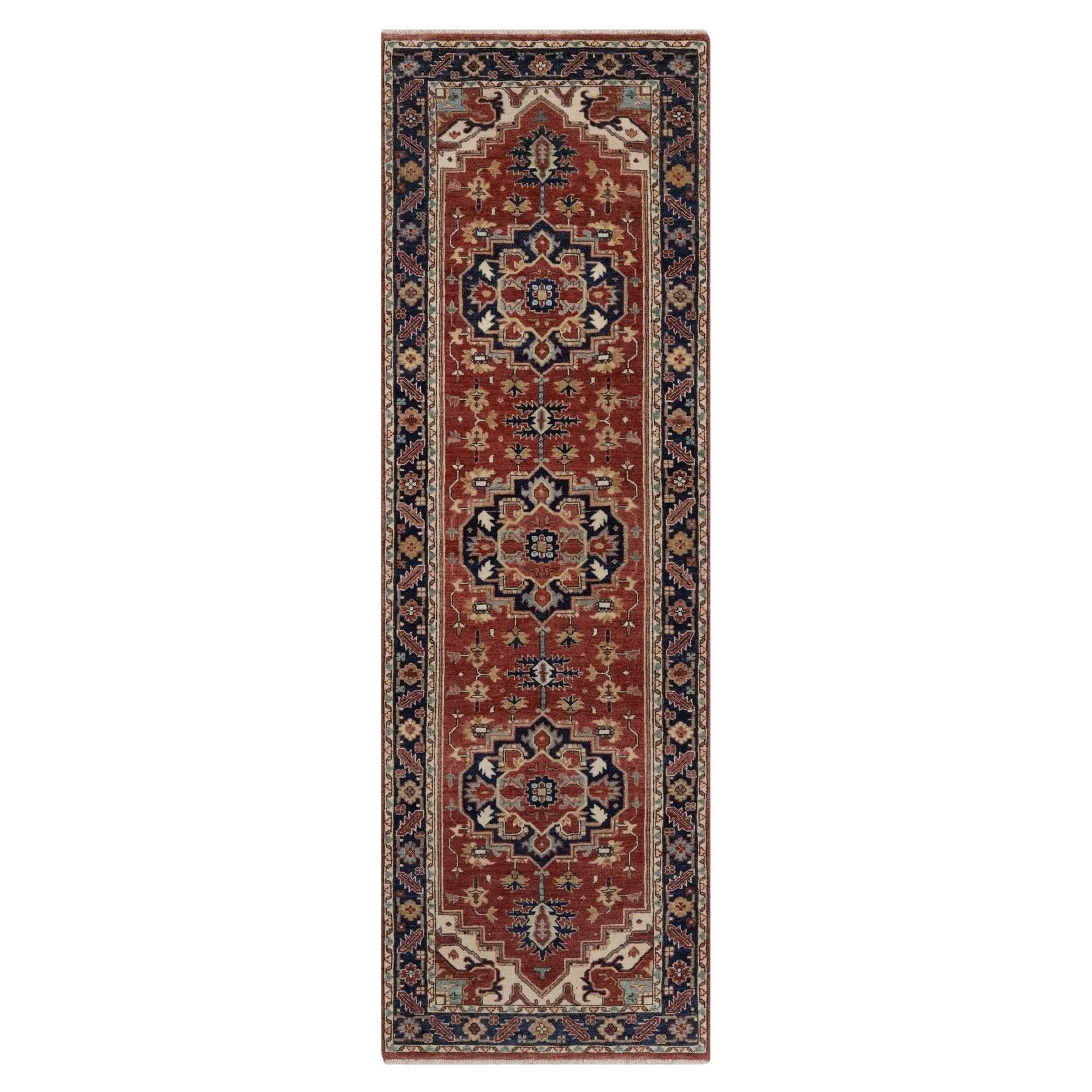 2
7"x8
3" Brick Red Hand Knotted Antiqued Fine Heriz Re-Creation Wool Runner Rug